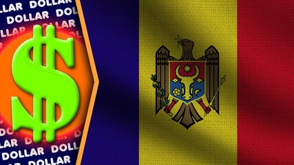 Moldova Realistic Wavy Flag, Dollar Logo and Titles, Circle Neon Effect Fabric Texture 3D Illustration