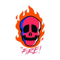 a red head skull on the blaze. a scary, dangerous, and warn vector illustration in hand-drawn style. evil illustration in cartoon.