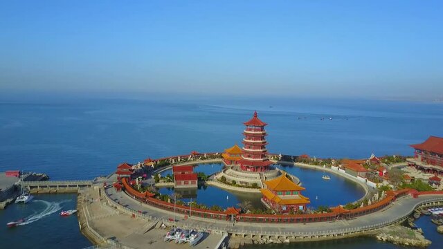 PENGLAI, SHANDONG, CHINA - Penglai Port has ferry services to the local Changdao Islands and to Dalian. Penglai - The Fortified Harbour Of Ancient China (aerial photography)