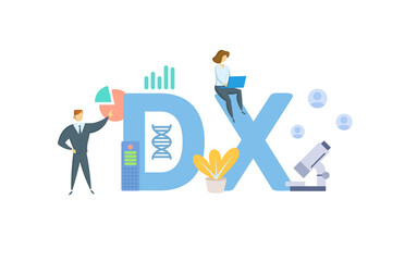 DX, Diagnosis. Concept with keyword, people and icons. Flat vector illustration. Isolated on white. - obrazy, fototapety, plakaty