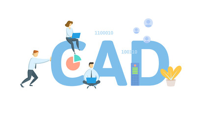 CAD, Computer Aided Design. Concept with keyword, people and icons. Flat vector illustration. Isolated on white.