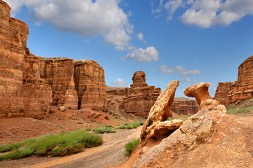 Geological rock formations in Charyn Canyon, Kazakhstan