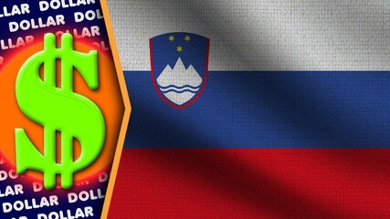 Slovenia Realistic Wavy Flag, Dollar Logo and Titles, Circle Neon Effect Fabric Texture 3D Illustration