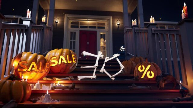 Halloween scary spooky pumpkins on the yard. Holiday discounts pumpkin. Up to 30 per cent. High quality 4k footage