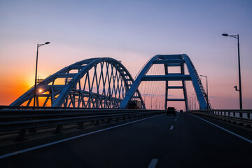 Crimea bridge over Kerch Strait at the evening sunset