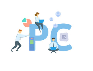 PC, Personal Computer. Concept with keyword, people and icons. Flat vector illustration. Isolated on white.