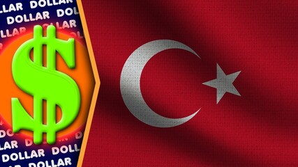 Turkey Realistic Wavy Flag, Dollar Logo and Titles, Circle Neon Effect Fabric Texture 3D Illustration
