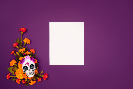Day of the dead, Dia De Los Muertos, halloween Celebration Background. Sugar Skull calaverita marigolds empty card, purple Copy Space. Traditional Mexican culture festival flyer. Flat lay, top view