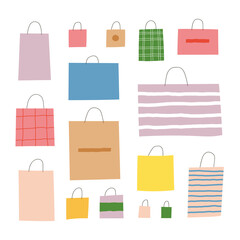 Shopping or gift bags set. Trendy package for purchases. Hand drawn vector illustration. Shopping concept.