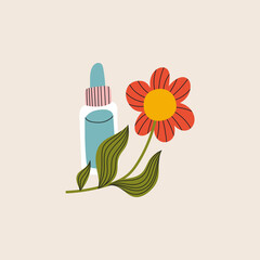 Flower composition with beauty product. Essence bottle with flower. Cute vector illustration. Korean cosmetics. Beauty procedure, spa and self care concept.