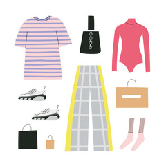 Collection of stylish women's clothes isolated on white background. Set of fashionable outfit for everyday city life. Flat cartoon colorful vector illustration. Sport street style. Shopping day.