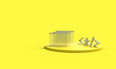 The browser window and the code symbols on the podium. Composition on the topic of programming, development, technologies. Modern style, 3d rendering. Yellow background.