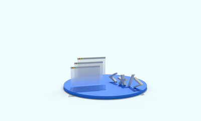 The browser window and the code symbols on the podium. Composition on the topic of programming, development, technologies. Modern style, 3d rendering.
