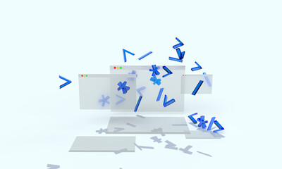 Code characters fly out of the browser windows. Composition on the topic of programming, development, technologies. Modern style, 3d rendering.