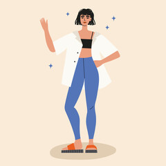 Cool stylish young Girl waving hand. Isolated on beige background. Hand drawn colored trendy vector illustration. Fashion. Sport style. Happy friendly and relaxed person. Ready for training concept.