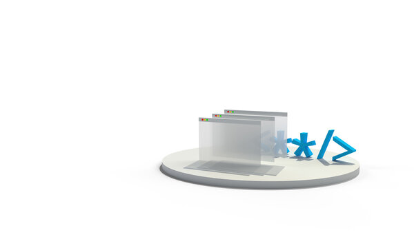 The browser window and the code symbols on the podium. Composition on the topic of programming, development, technologies. Modern style, 3d rendering.