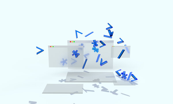 Code characters fly out of the browser windows. Composition on the topic of programming, development, technologies. Modern style, 3d rendering.