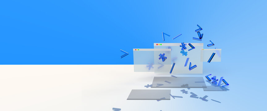 Code characters fly out of the browser windows. Composition on the topic of programming, development, technologies. Modern style, 3d rendering.