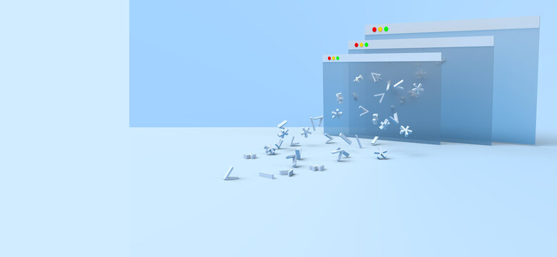 Code characters fly out of the browser windows. Composition on the topic of programming, development, technologies. Modern style, 3d rendering.