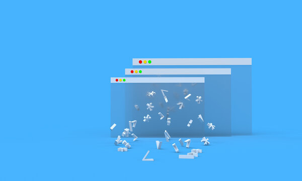 Code characters fly out of the browser windows. Composition on the topic of programming, development, technologies. Modern style, 3d rendering.