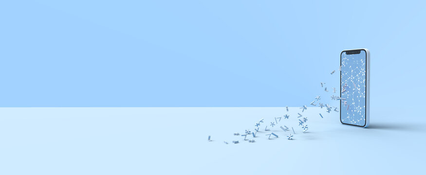 Three-dimensional code characters fly out of the smartphone display. Composition on the topic of technologies, programming, code, applications, neural network. 3d rendering.