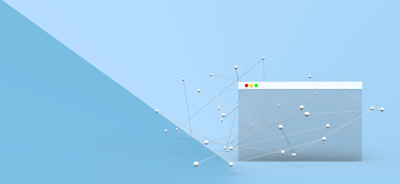 Browser windows in a neural network. Composition on the topic of technologies, communications, the Internet, the network. Modern style, 3d rendering.