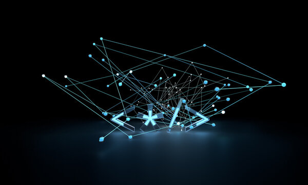 Code symbols in a glowing neural network. Composition on the topic of programming, development, technologies. Modern style, 3d rendering. Black background.