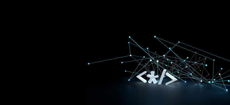 Code symbols in a glowing neural network. Composition on the topic of programming, development, technologies. Modern style, 3d rendering. Black background.