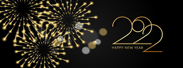 Happy new year 2022 Elegant golden text. Realistic golden fireworks and bingala lights. vector illustration