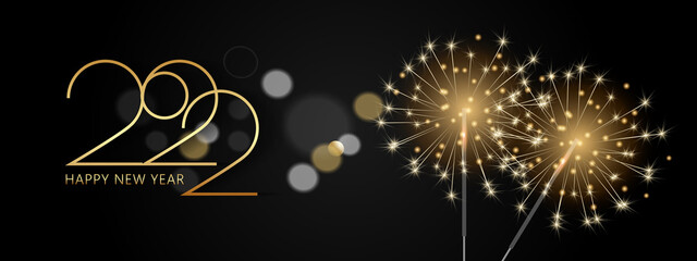 Happy new year 2022 Elegant golden text. Realistic golden fireworks and bingala lights. vector illustration