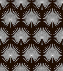 Exotic jungle plants, leaves vintage botanical illustration. Black & white monochrome tropical fan palm tree leaf vector seamless pattern design. Bathroom, bedroom, home decor wallpapers. 