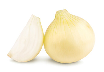 Fresh onion and onion slice isolated on white background. Ingredients for cooking.