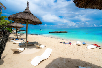 Blue Bay beach and the turquoise water in the summertime in Mauritius - Africa