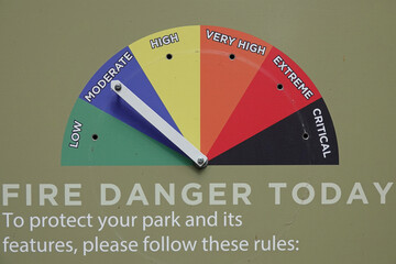 A color-coded sign in a park shows fire danger levels of low, moderate, high, very high, extreme, and critical.
