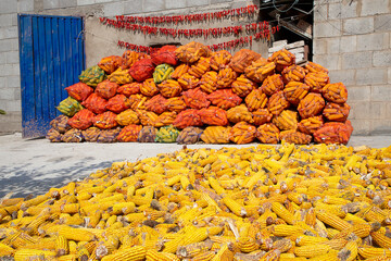 Corns and peppers drying in the village, Kyrgyzstan