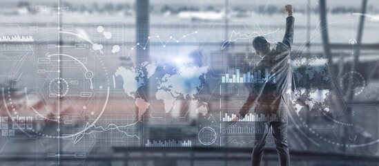 Diverse business team in city digital interface. Intelligence control panel