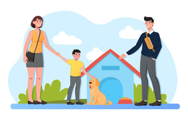 Young kind family with kid standing near dog kennel, pet and feed dog. Adult solidarity and responsibility. Flat cartoon vector illustration concept design isolated on white background