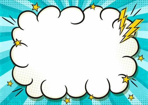 Comic banner with cloud frame in popart style. Text box on a bright blue background. Template for web design, banners, coupons, applications and posters. Cartoon Vector illustration.