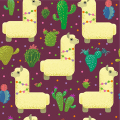 seamless pattern with cute llamas and various cacti.