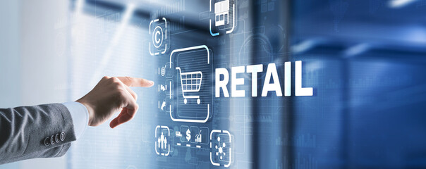 Retail concept marketing channels E-commerce Shopping automation on virtual screen