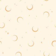 Seamless pattern with moon and stars on black background.  Contemporary  composition. Boho wall decor. Vector illustration. Mid century art print. Trendy texture for print, textile, packaging. Bohemia