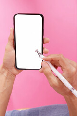 hand holding phone with a pen for a smartphone