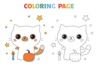 Childish coloring page with cute cat in ghost costume. Halloween party creative game. Cartoon kawaii animals. Black and white outline vector illustration.