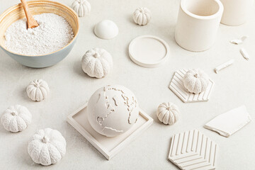 Handmade craft gypsum objects for interior decoration. Artisan, small business, diy, hobby concept. Top view
