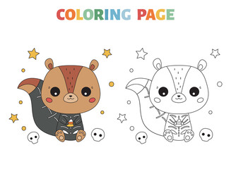 Coloring page with cute squirrel in skeleton costume. Halloween party game for kids. Cartoon kawaii animals. Educational coloring book. Vector illustration.