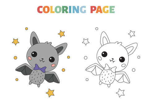 Halloween coloring book for preschool children. Cute kawaii bat. Cartoon animals. Educational game. Outline vector illustration.