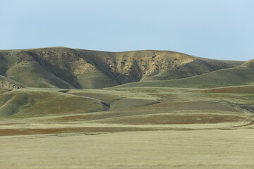 Obraz premium Green rolling hills of Central California are shown in a landscape view during the day.