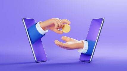 3d illustration. Cartoon characters businessmen hands with golden coin, sticking out the smart phone screens. Internet commerce clip art isolated on violet background. Financial transaction concept - obrazy, fototapety, plakaty