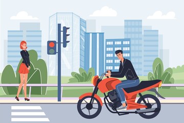 Vector flat cartoon man character rides motorcycle on road.Young stylish teenager riding motorbike,happy cute girl walks on sidewalk -web online banner design,life scene,social story concept