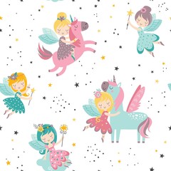 Vector seamless childish pattern with fairy, flowers, unicorn and other elements. Fairy with a magic wand vector illustration. Seamless pattern with cartoon fairy for kids, girl. © Angelina De Sol